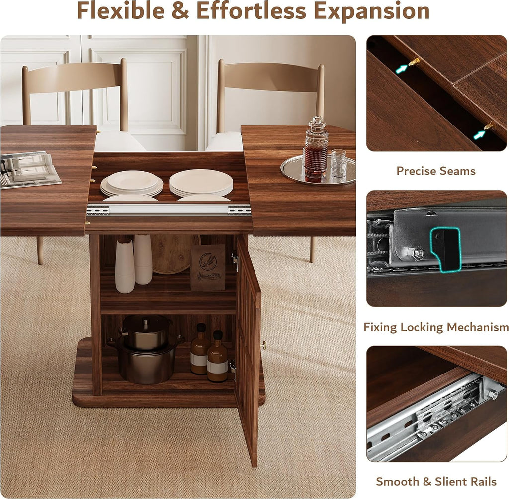 iPormis Round Dining Table for 4-6, 59'' Extendable Dining Room Kitchen Table with 2-Tier Storage Shelf, Wood Dinner Table with Door, Sturdy Pedestal Base, Space Saving, Kitchen, Dining, Walnut