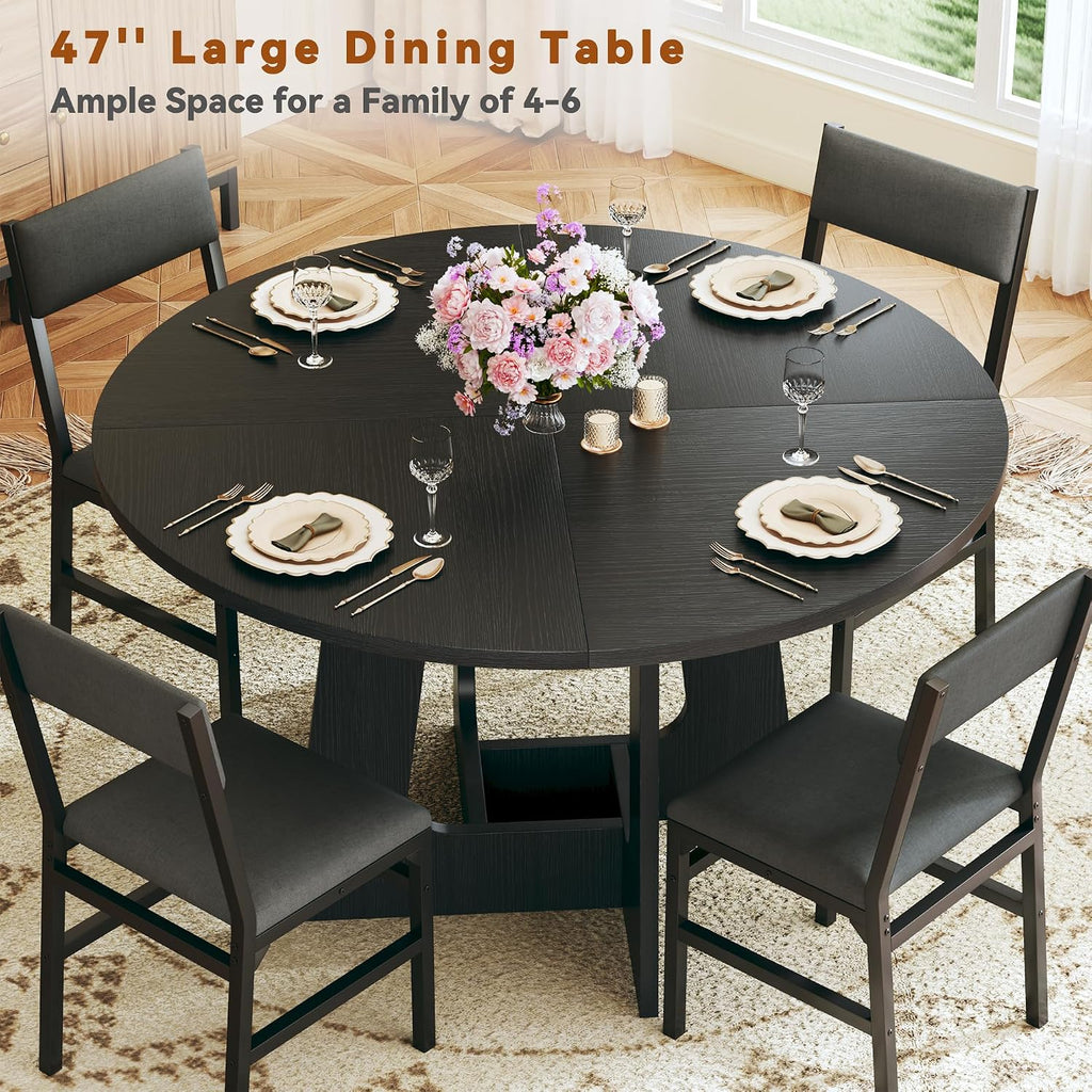 HUAHUU Round Dining Table Set for 4, 5-Piece Kitchen Table and Chairs for 4, 47'' Round Dining Room Table Set with 4 Chairs, Space Saving Dining Table with Wood Base for Kitchen, Living Room, Black