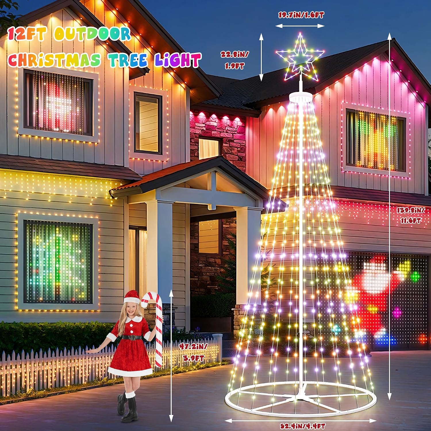 12FT Outdoor Christmas Tree Prelit - LED Outside Christmas Tree Lights with Star, Music Sync, App & Remote Control, Timer, Smart Christmas Lighting Decoration for Garden & Yard Party