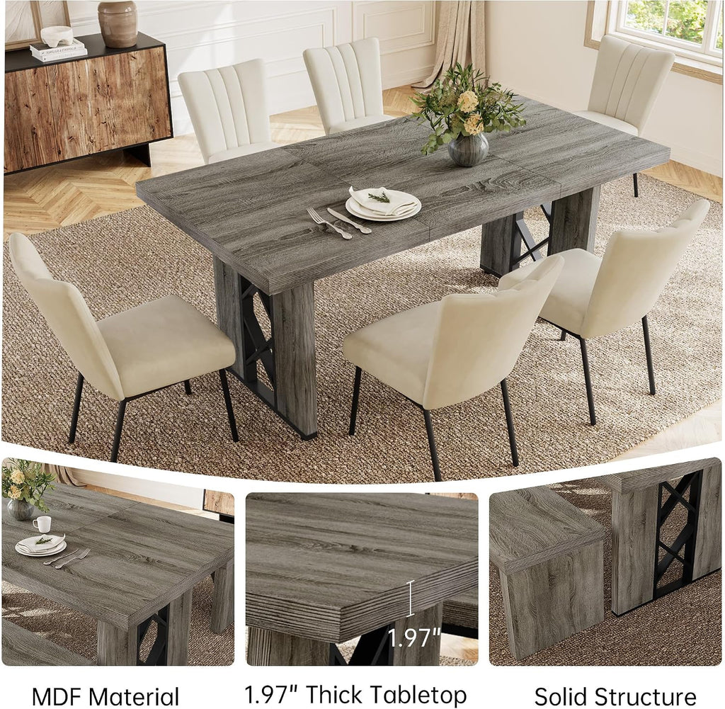 HIPIHOM 7-Piece Dining Table Set for 6 People, 70.8' MDF Kitchen Table with 6 Velvet Chairs, Space-Saving for Dining Room, Breakfast Nook(Grey Table+6 Beige Chairs)