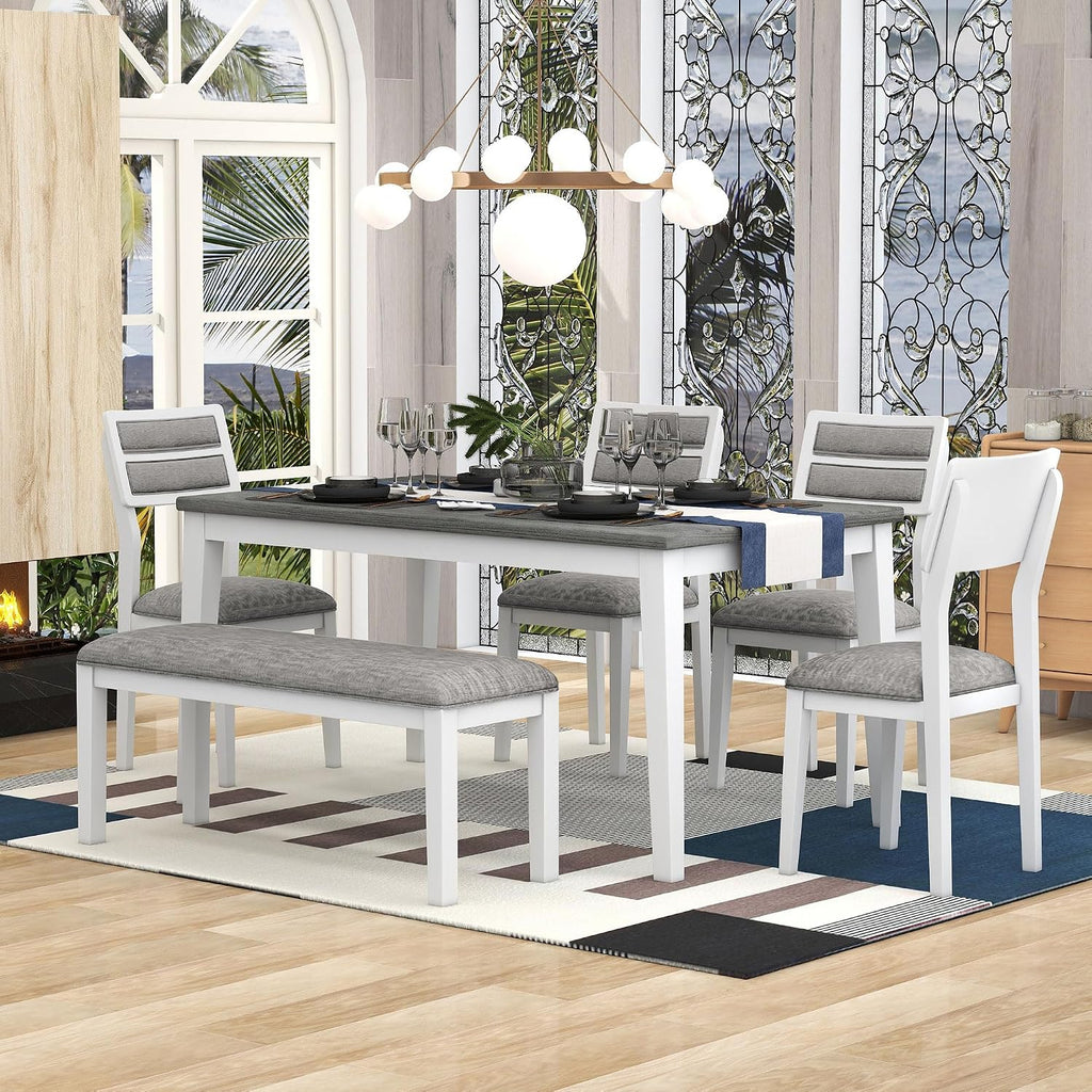 Merax 6-Piece Solid Wood Dining Table Set for 6, Farmhouse Kitchen Room Table Set with 1 Bench and 4 Upholstered Chairs, Wooden Legs Dining Set for Living Room, Kitchen - White+Gray