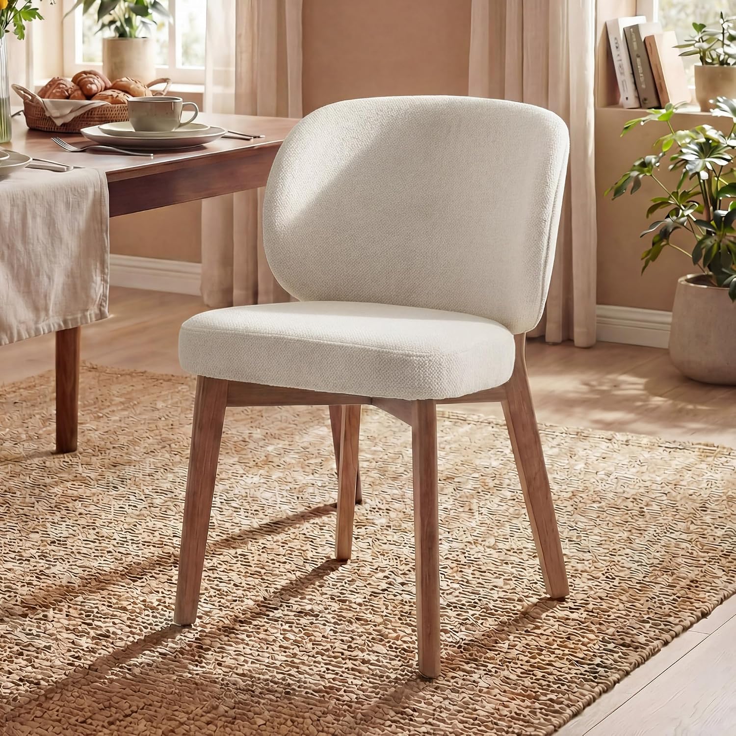 YOUNIKE Dining Chair with High Back Single Mid Century Modern Kitchen Chair Boucle Fabric Upholstered Armless Accent Chair 20' Wide Padded Seat with Wooden Leg for Dining Living Room Bedroom Beige