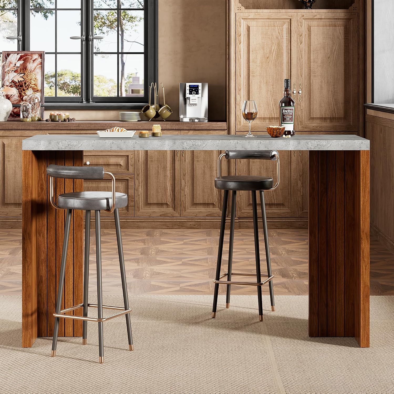 Bar Table for 4-6 People - 55' Long Counter Height Pub with Extra Thickened Tabletop, Modern Rectangular Home Bar Coffee Unit for Kitchen, Dining Room, Balcony, Living Room, Basement, Gray+Walnut