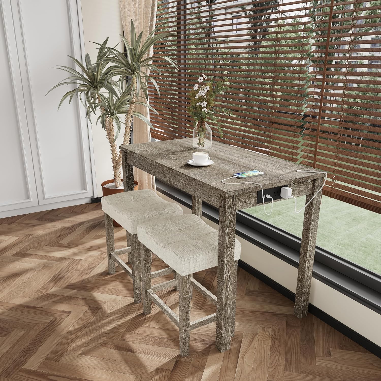 allamazing 3-Piece Counter Height Bar Table Set with Socket and 2 Fabric Padded Bar Stools, Tall Kitchen Breakfast Dining Table Set with Stools (1+2 Natural)