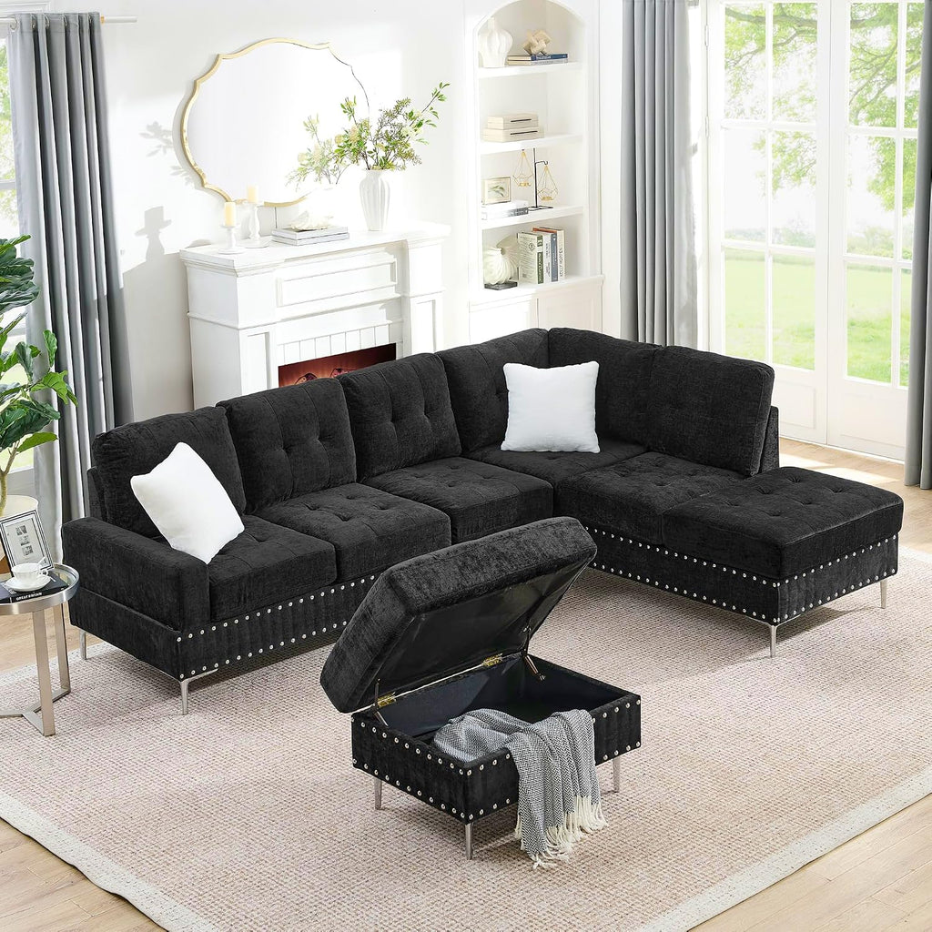 102' L-Shaped Sectional Coch with Chaise & Storage Ottoman, 4-Seater Chenille Upholstered Corner Sofa Couch with Metal Legs & Copper Rivets, Sectional Couches for Living Room with Pillow Back, Black