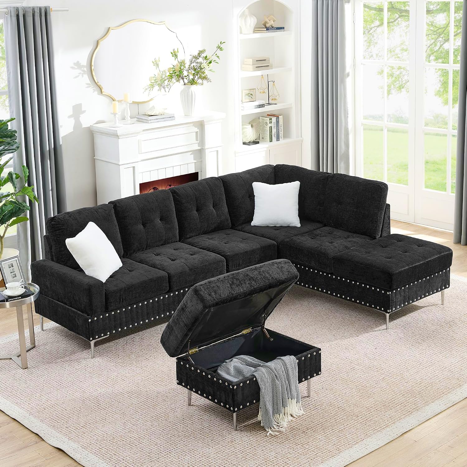 102' L-Shaped Sectional Coch with Chaise & Storage Ottoman, 4-Seater Chenille Upholstered Corner Sofa Couch with Metal Legs & Copper Rivets, Sectional Couches for Living Room with Pillow Back, Black