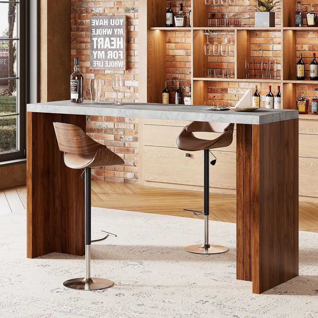 Bar Table for 4-6 People - 55' Long Counter Height Pub with Extra Thickened Tabletop, Modern Rectangular Home Bar Coffee Unit for Kitchen, Dining Room, Balcony, Living Room, Basement, Gray+Walnut