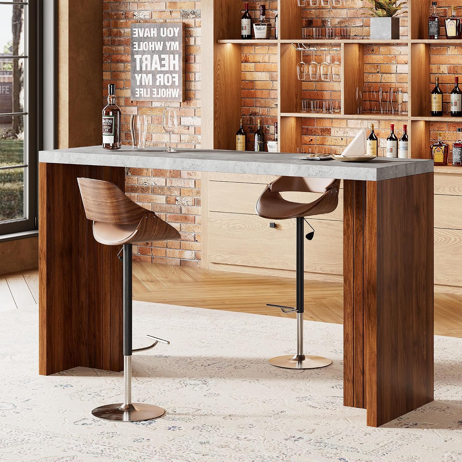 Bar Table for 4-6 People - 55' Long Counter Height Pub with Extra Thickened Tabletop, Modern Rectangular Home Bar Coffee Unit for Kitchen, Dining Room, Balcony, Living Room, Basement, Gray+Walnut