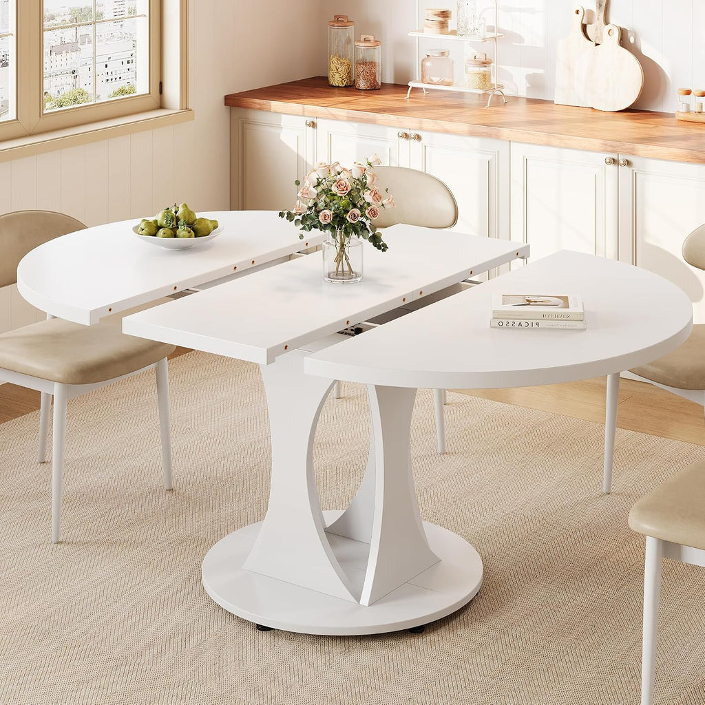 Einhomn 59' Extendable Round Dining Table for 6-8, Kitchen Table with Sturdy Double Arc Base & Backboard Clasp Desktop, Mid-Century Modern Dinner Table, Kitchen Dining Room, Space Saving, White
