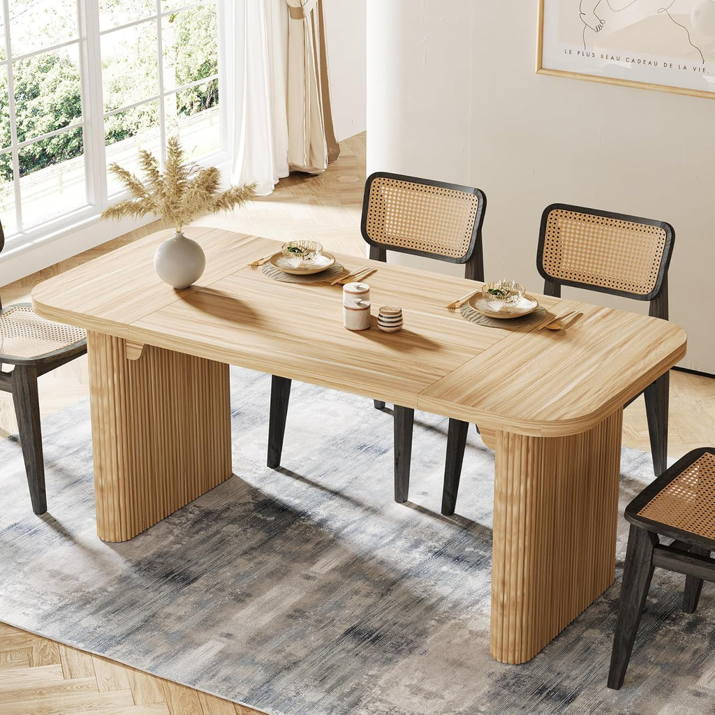 Tribesigns Modern Dining Table for 6 People, 62-Inch Natural Wood Kitchen Table with Double Robust Pedestal, Long Rectangle Wooden Dinner Table for Dining Room