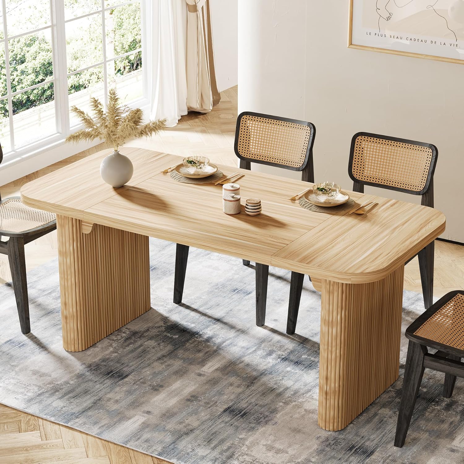 Tribesigns Modern Dining Table for 6 People, 62-Inch Natural Wood Kitchen Table with Double Robust Pedestal, Long Rectangle Wooden Dinner Table for Dining Room