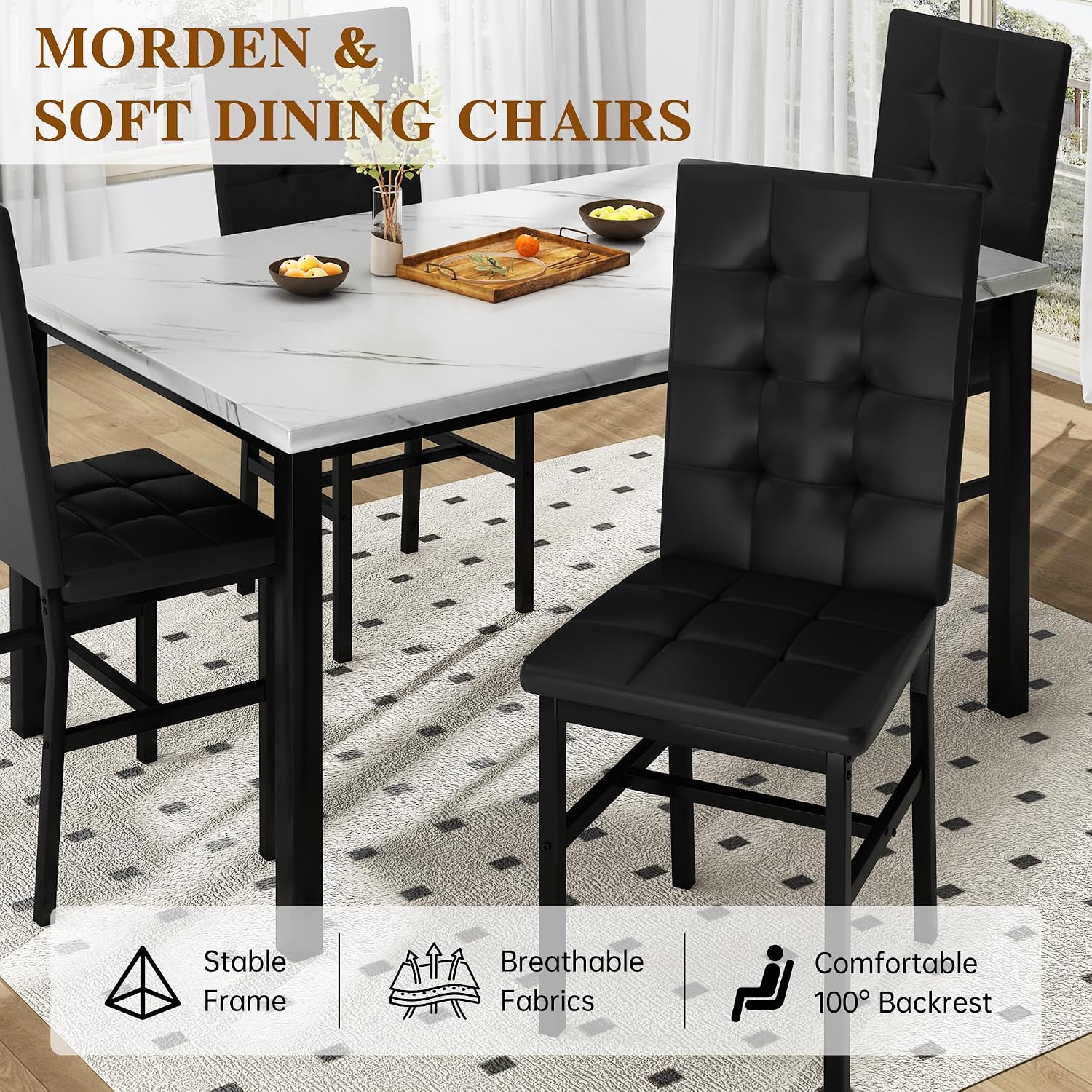 AWQM Dining Table Set for 4,Faux Marble Kitchen Table and Chairs Set of 4, Modern Dining Room Table Set for 4,Dinner Table with 4 Leather Chairs, Dinette Set for Small Spaces (White & Black)