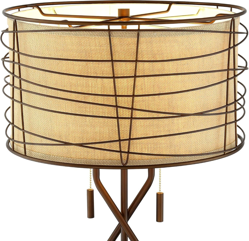 Franklin Iron Works Marlowe 28 3/4' Tall Farmhouse Rustic Modern Industrial End Table Lamps Set of 2 Pull Chain Bronze Brown Metal Living Room Bedroom Bedside Nightstand House Office Woven Shade