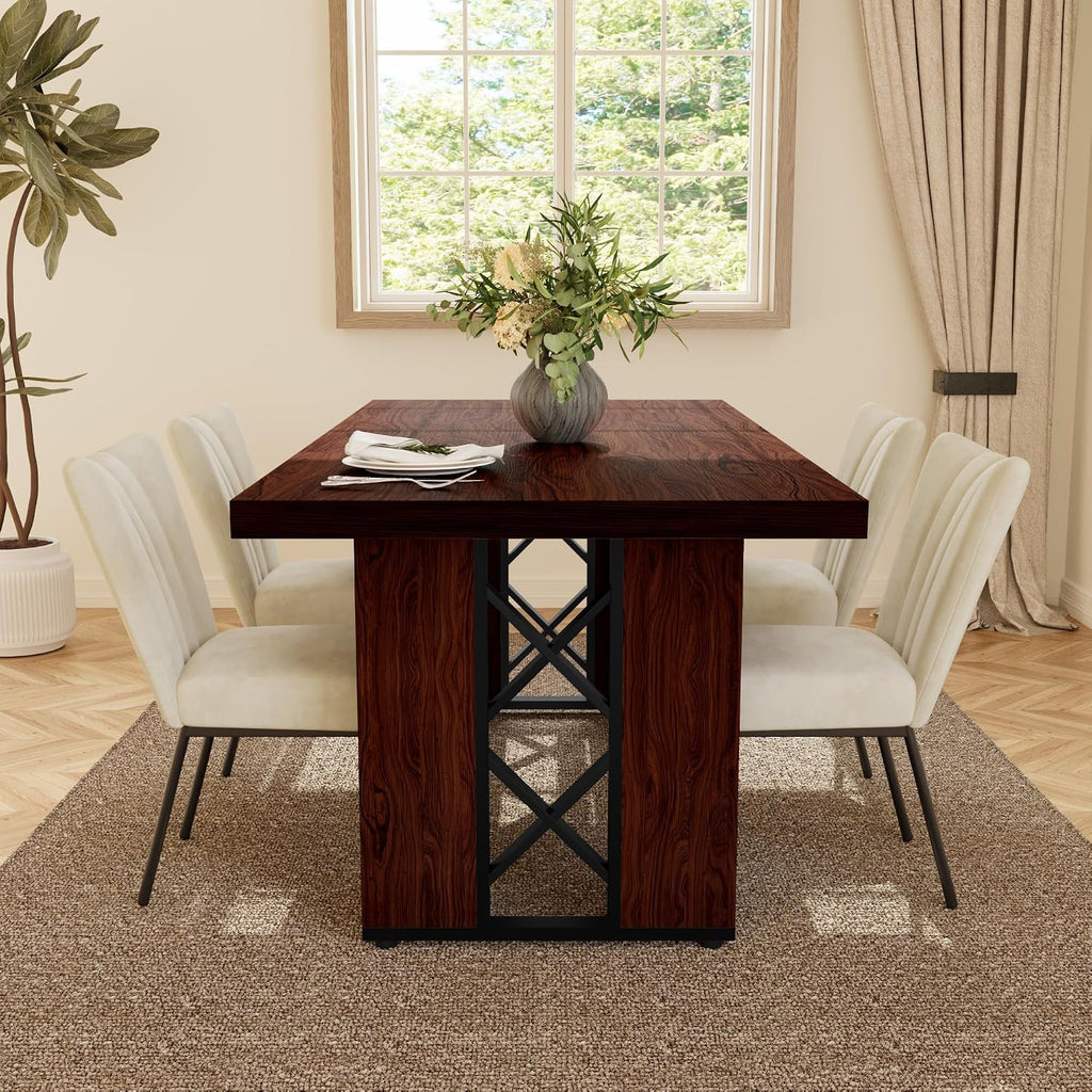 HIPIHOM 7-Piece Dining Table Set for 6 People, 70.8' MDF Kitchen Table with 6 Velvet Chairs, Space-Saving for Dining Room, Breakfast Nook(Walnut Table+6 Beige Chairs)