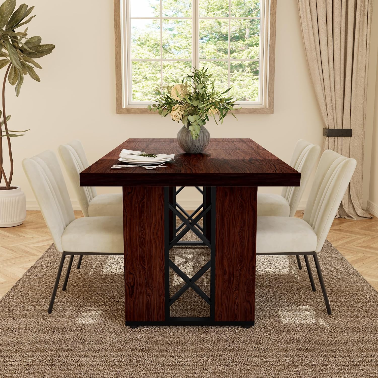 HIPIHOM 7-Piece Dining Table Set for 6 People, 70.8' MDF Kitchen Table with 6 Velvet Chairs, Space-Saving for Dining Room, Breakfast Nook(Walnut Table+6 Beige Chairs)
