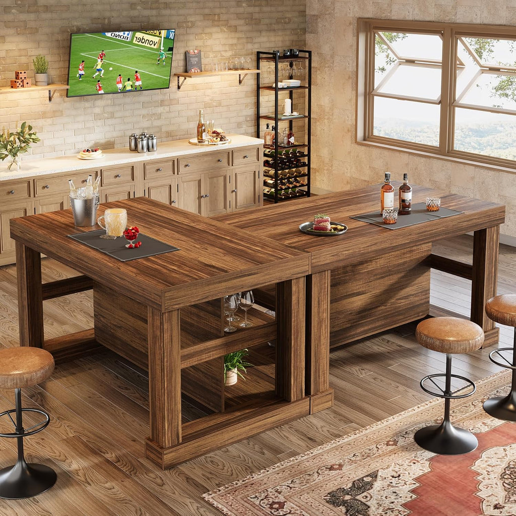 Tribesigns 55' Kitchen Island with Seating and Storage, 3-Tier Farmhouse Wood Stationary Island Table with Large Worktop & Leg Room, Coffee Bar Table with Storage Shelves for Kitchen, Dark Brown