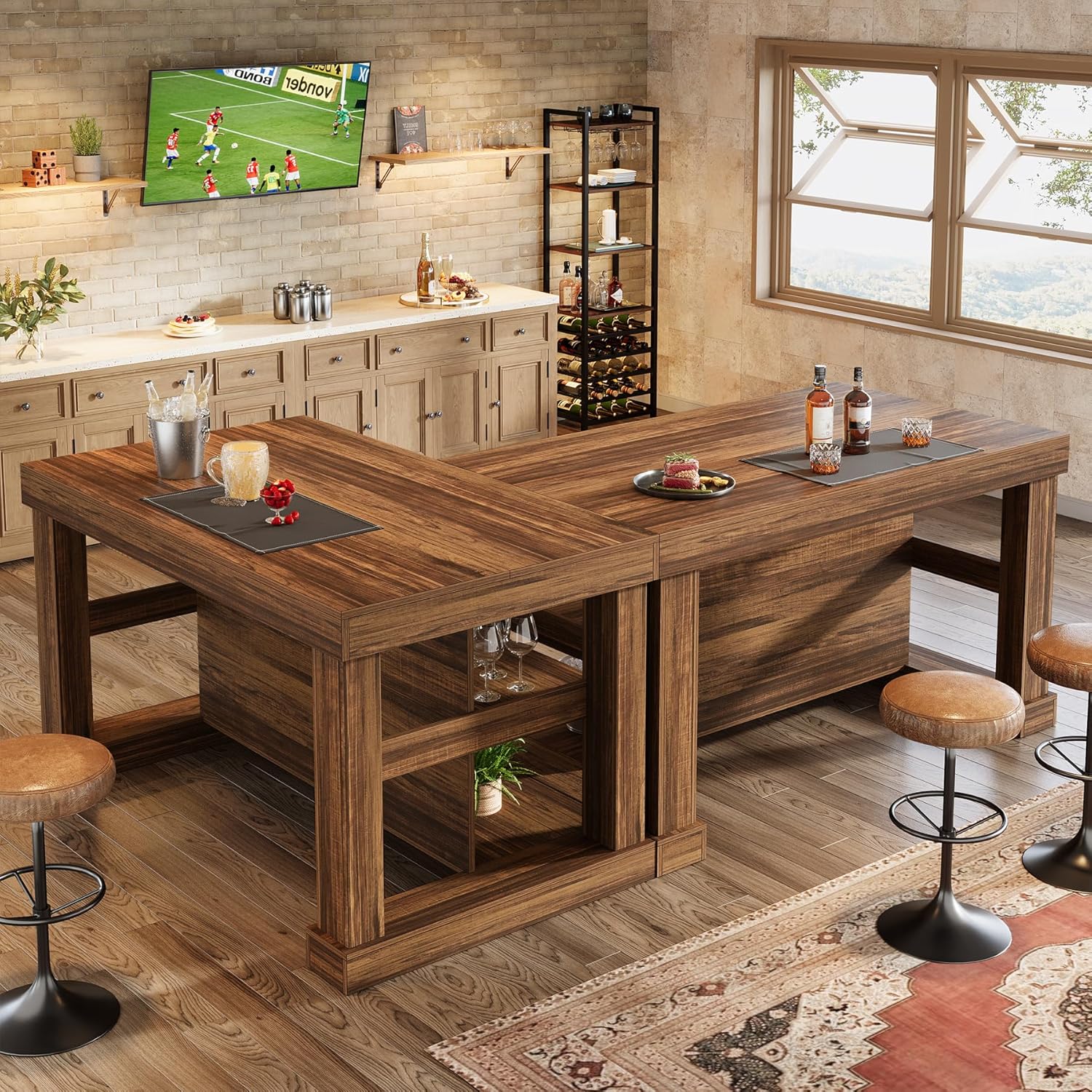 Tribesigns 55' Kitchen Island with Seating and Storage, 3-Tier Farmhouse Wood Stationary Island Table with Large Worktop & Leg Room, Coffee Bar Table with Storage Shelves for Kitchen, Dark Brown