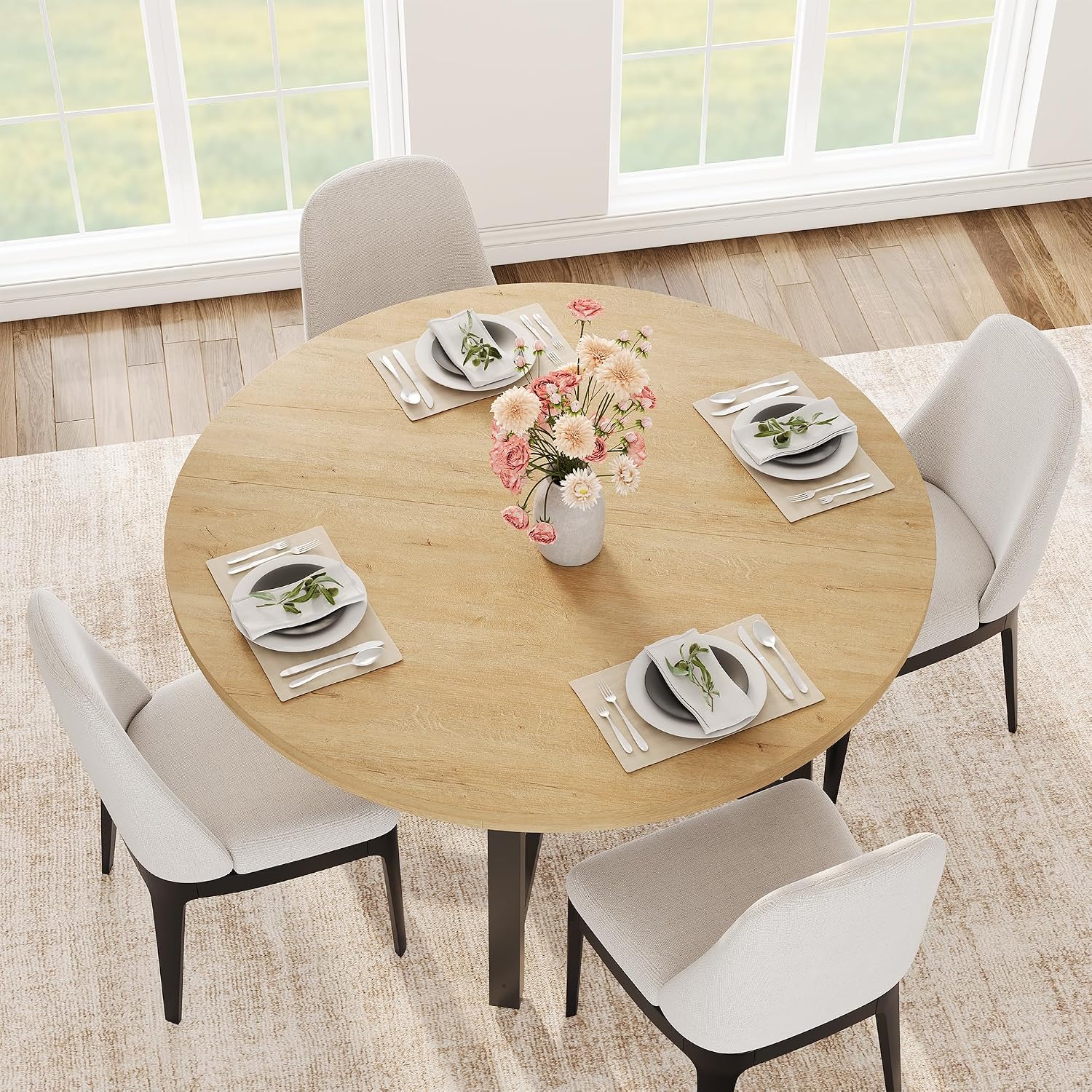 IDEALHOUSE 47' Round Dining Table for 4, Kitchen Dining Room Table with Sturdy Metal Frame, Wood Circle Kitchen Table for Space Saving - Natural Oak (No Chairs)