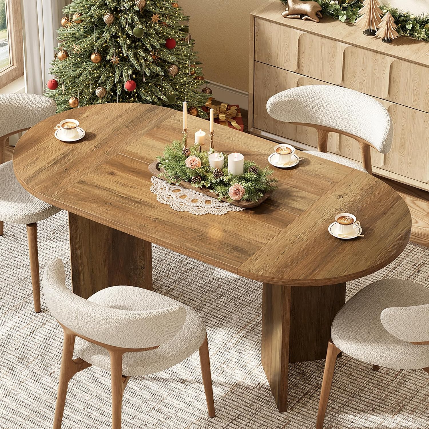 LITTLE TREE 63' Rustic Oval Dining Table for 2-4, Sturdy MDF Farmhouse Kitchen Table with Metal Strip Base, for Living Room, Office, Restaurant, Multi-Use, Umber