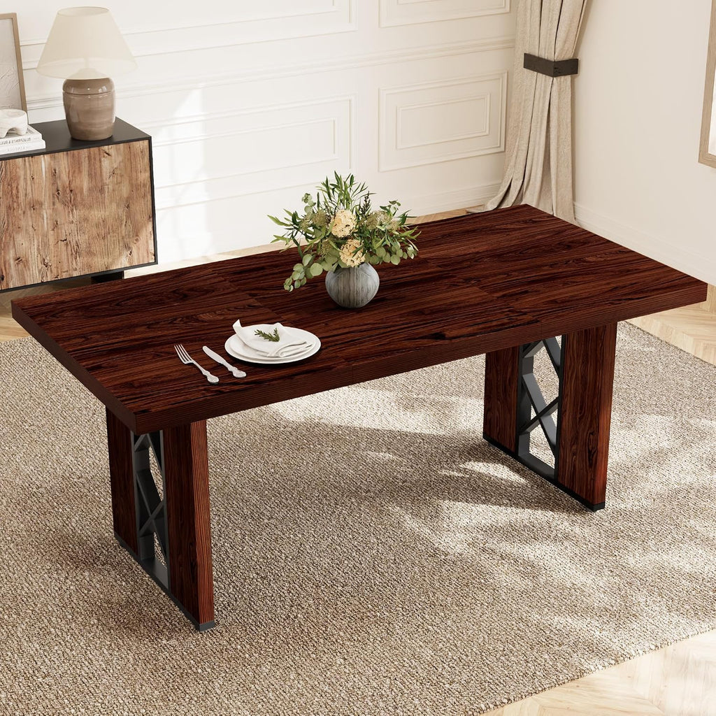 HIPIHOM 70.8' Farmhouse Dining Table for 6 People, Large Rectangle Kitchen Table with Heavy Duty Legs, Industrial Dining Room Furniture for Dinner, Walnut