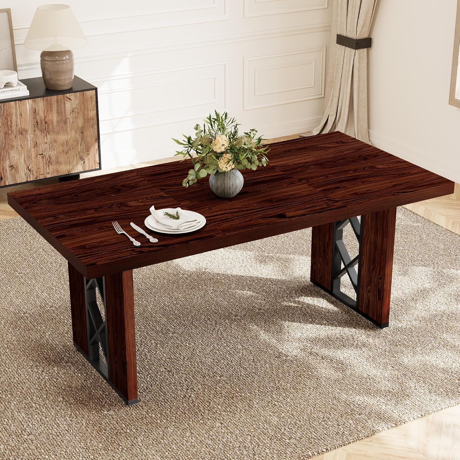 HIPIHOM 70.8' Farmhouse Dining Table for 6 People, Large Rectangle Kitchen Table with Heavy Duty Legs, Industrial Dining Room Furniture for Dinner, Walnut