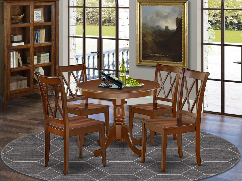 East West Furniture ANCL5-MAH-W 5 Piece Dining Table Set for 4 Includes a Round Kitchen Table with Pedestal and 4 Kitchen Dining Chairs, 36x36 Inch, Mahogany