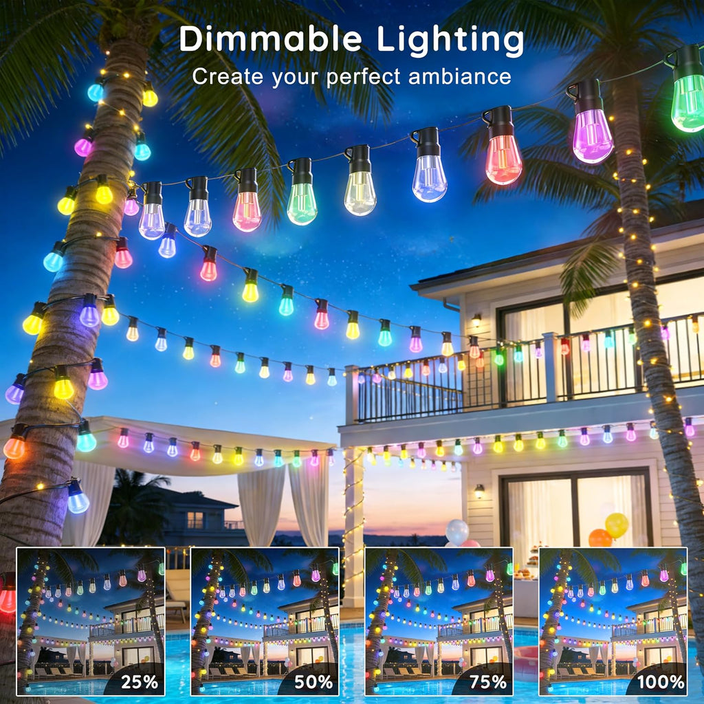 300FT RGB+IC Outdoor String Lights, Dimmable Shatterproof LED Bulbs, IP67 Waterproof DreamColor Chasing Lights, Multicolor Dynamic Lighting for Patio Balcony Garden & Outdoor Living Area Decoration