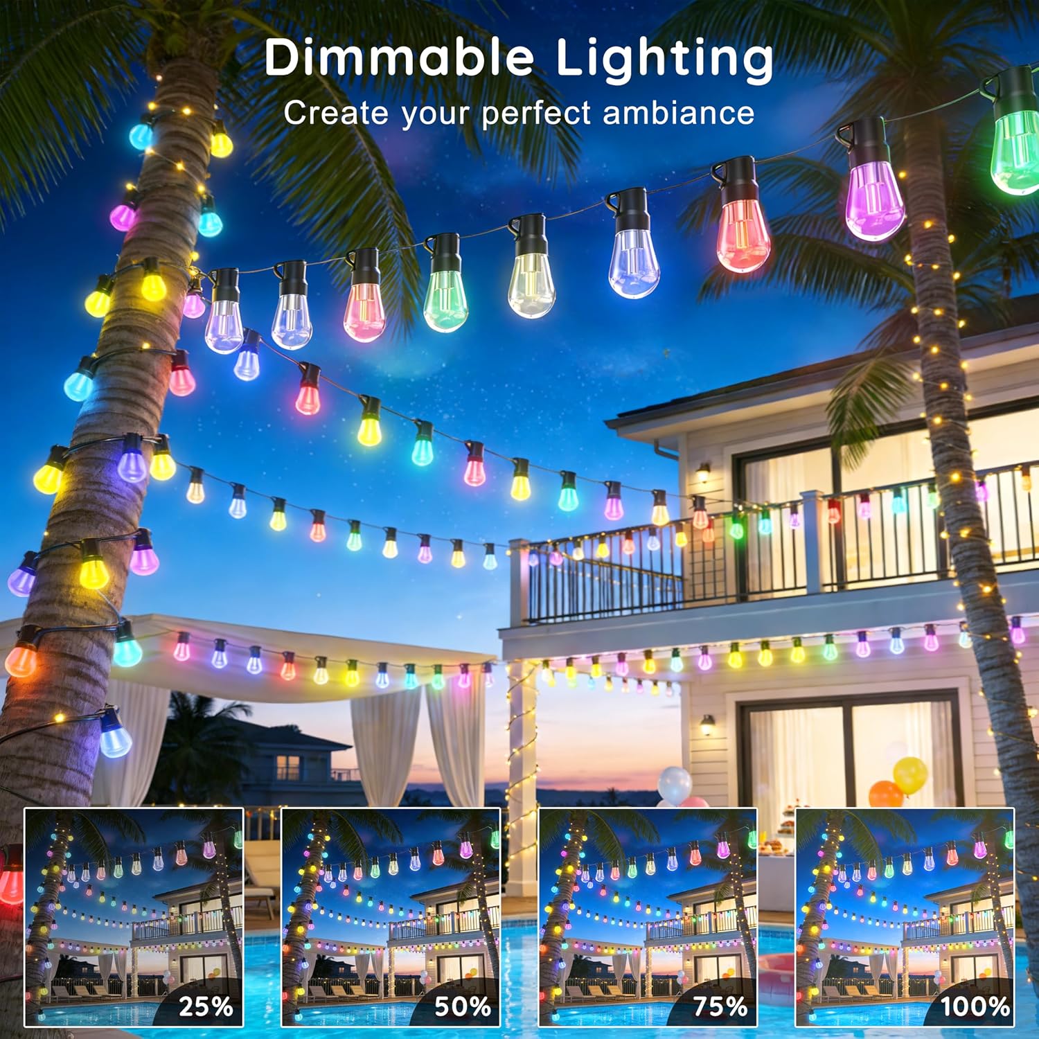 300FT RGB+IC Outdoor String Lights, Dimmable Shatterproof LED Bulbs, IP67 Waterproof DreamColor Chasing Lights, Multicolor Dynamic Lighting for Patio Balcony Garden & Outdoor Living Area Decoration