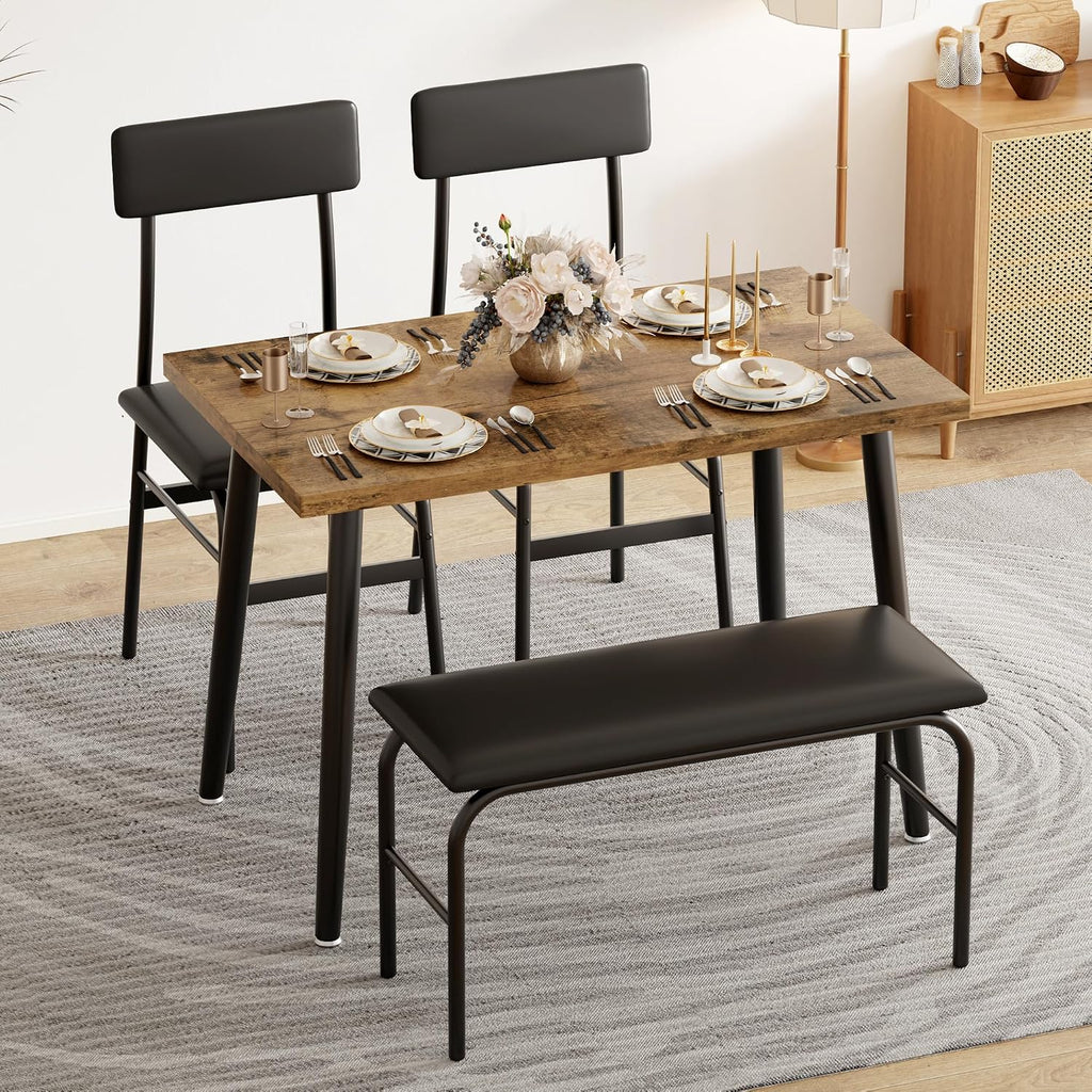 IDEALHOUSE Dining Table Set for 4, 4 Piece Kitchen Table Set with Upholstered Bench & 2 Chairs, Breakfast Table for Samll Space, Dining Room, Apartment, Restaurant, Rustic Brown