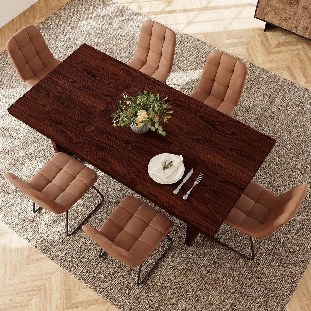 HIPIHOM 7-Piece Dining Table Set for 6 People, 70.8' MDF Kitchen Table with 6 Upholstered Chairs, Space-Saving for Dining Room, Breakfast Nook(Walnut Table+6 Brown Chairs)