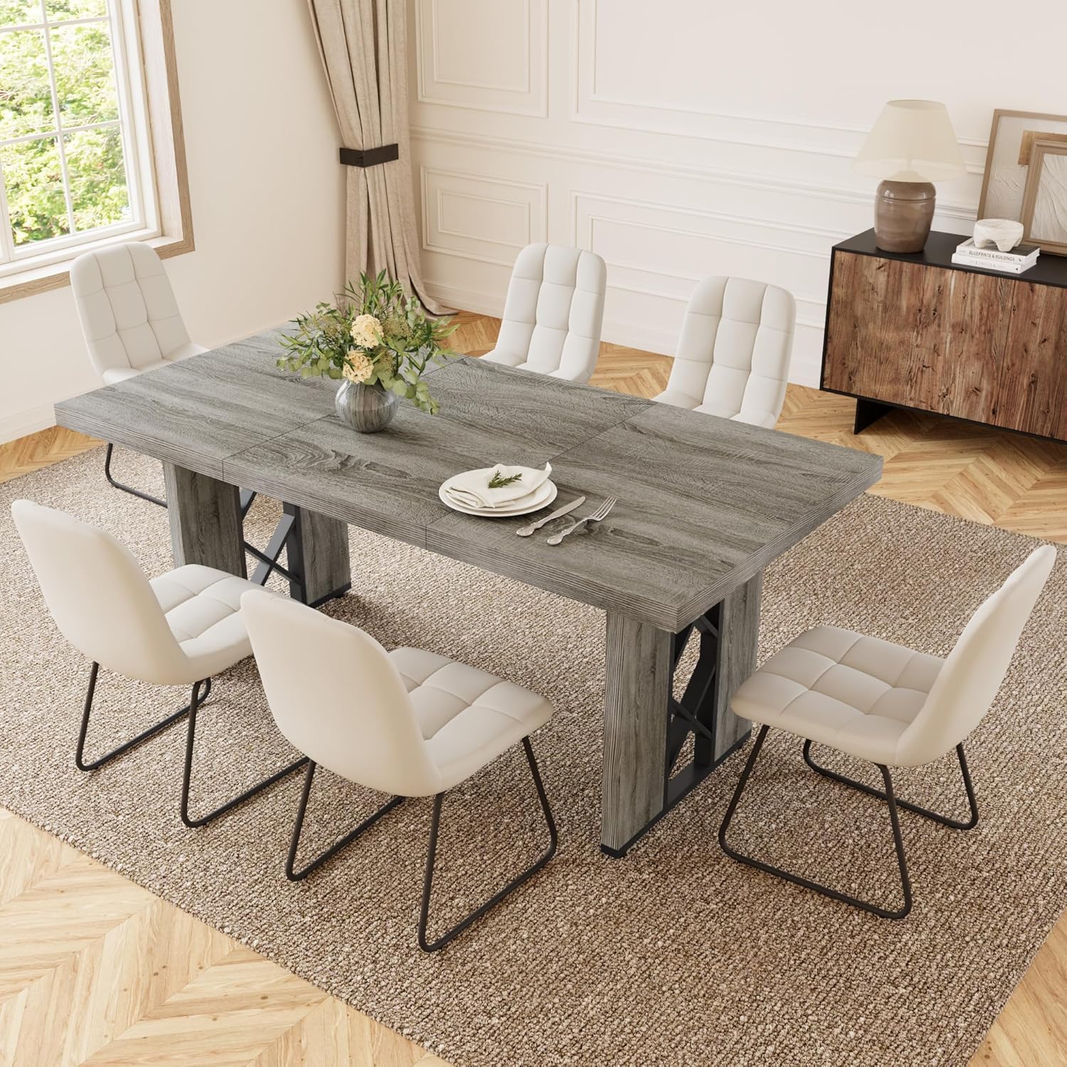 HIPIHOM 7-Piece Dining Table Set for 6 People, 70.8' MDF Kitchen Table with 6 Upholstered Chairs, Space-Saving for Dining Room, Breakfast Nook(Grey Table+6 White Chairs)
