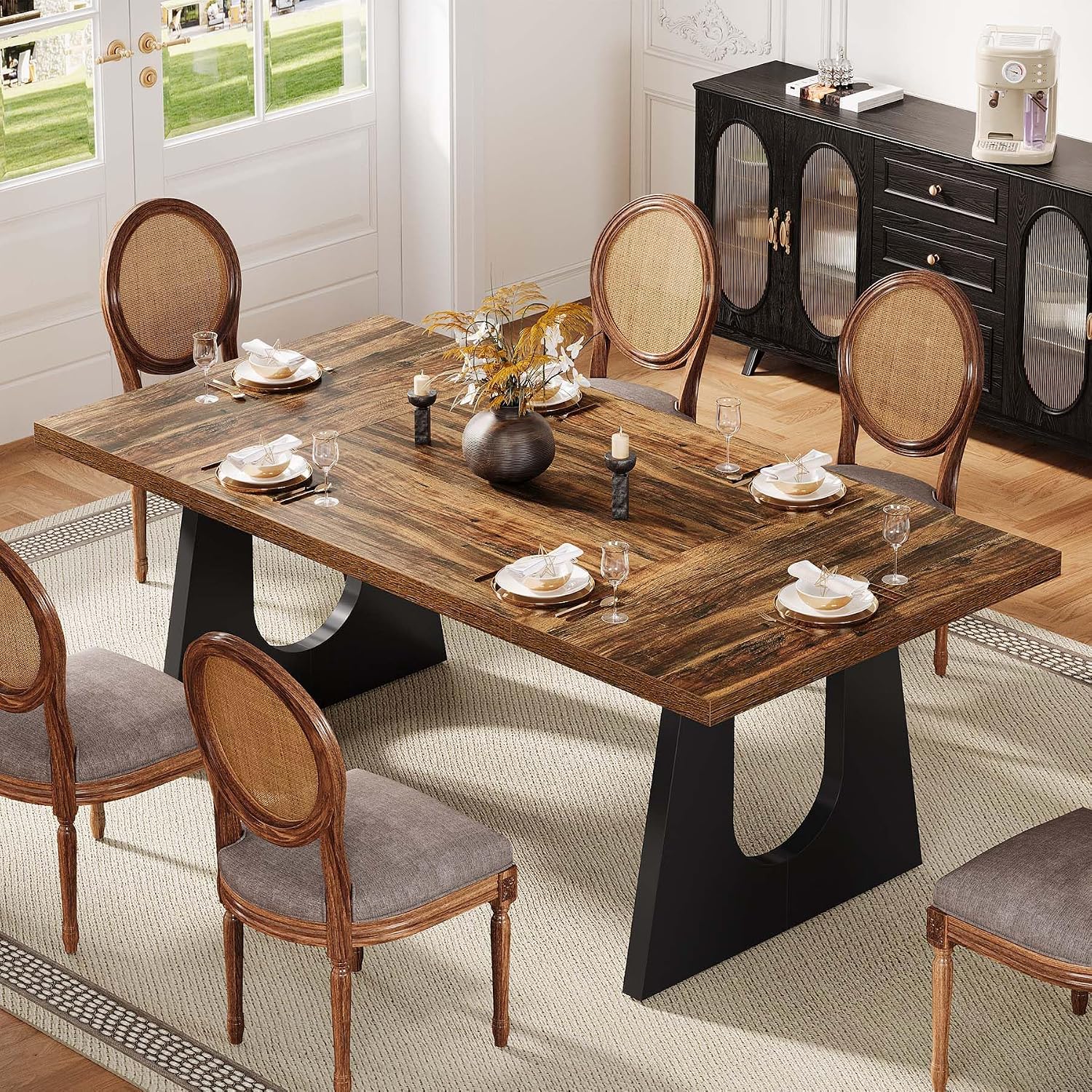 Tribesigns Large Dining Table for 6-8 People, 70.9-Inch Wood Rustic Rectangular Table with Black Wooden Legs, Farmhouse Center Kitchen Table for Dining Room, Living Room, Home Furniture (Dark Brown)