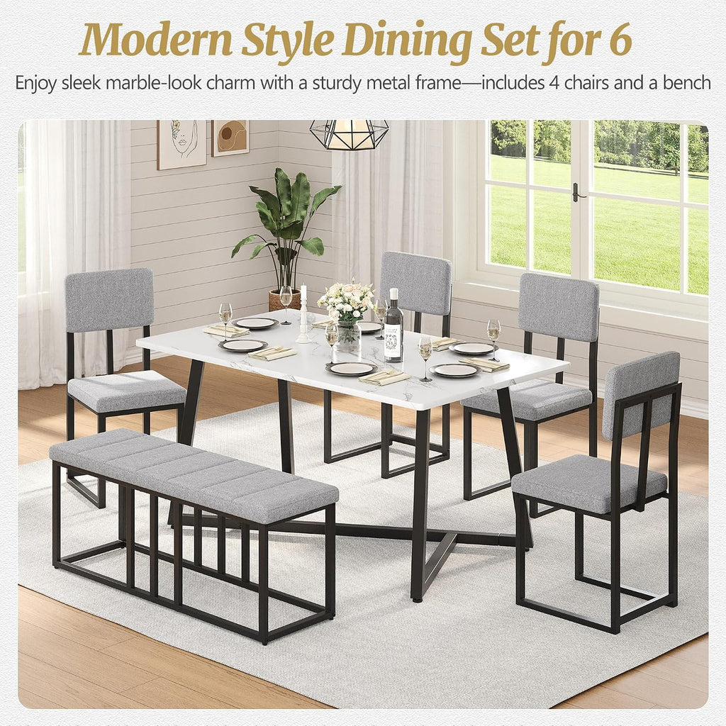 6-Piece Dining Room Set for 6, Faux Marble 51.18'' Dining Room Table with Linen Chairs & Bench, Sturdy Modern Kitchen Table and Chairs Set for Small Spaces