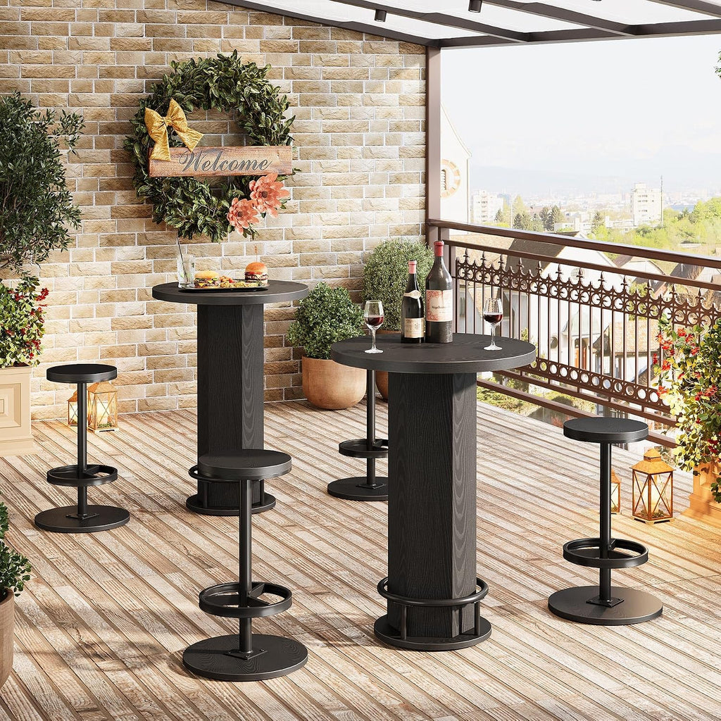 Tribesigns Round Bar Table with Chairs, Industrial Bistro Sets with 2 barstools, Pub Cocktail Table with Metal Ring Footrest for Kitchen Nook, Apartment, Small Space