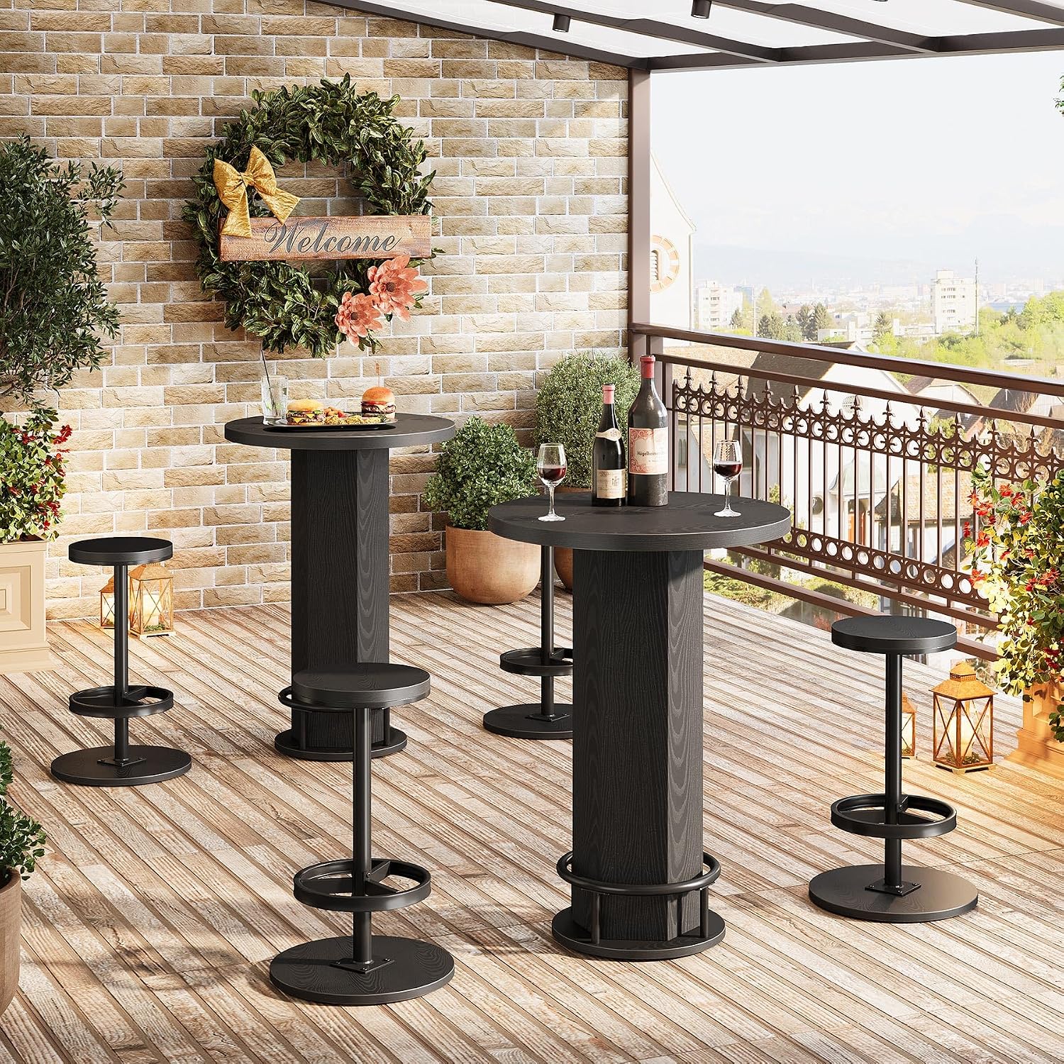 Tribesigns Round Bar Table with Chairs, Industrial Bistro Sets with 2 barstools, Pub Cocktail Table with Metal Ring Footrest for Kitchen Nook, Apartment, Small Space