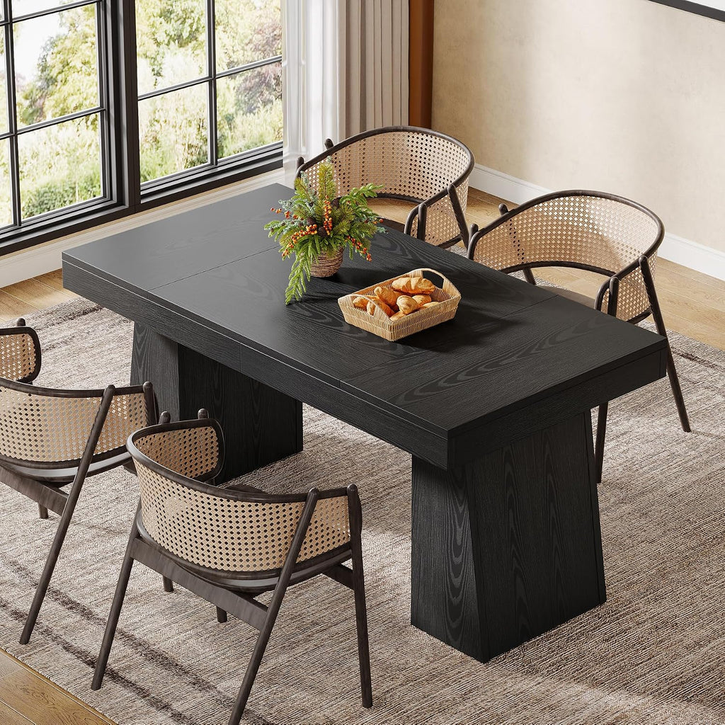 Tribesigns Black Dining Room Table for 4-6, 55-Inch Mid-Century Modern Dining Table with Double Pedstral, Rectangular Wood Kitchen Dinner Table for Dining Room, Kitchen, Home