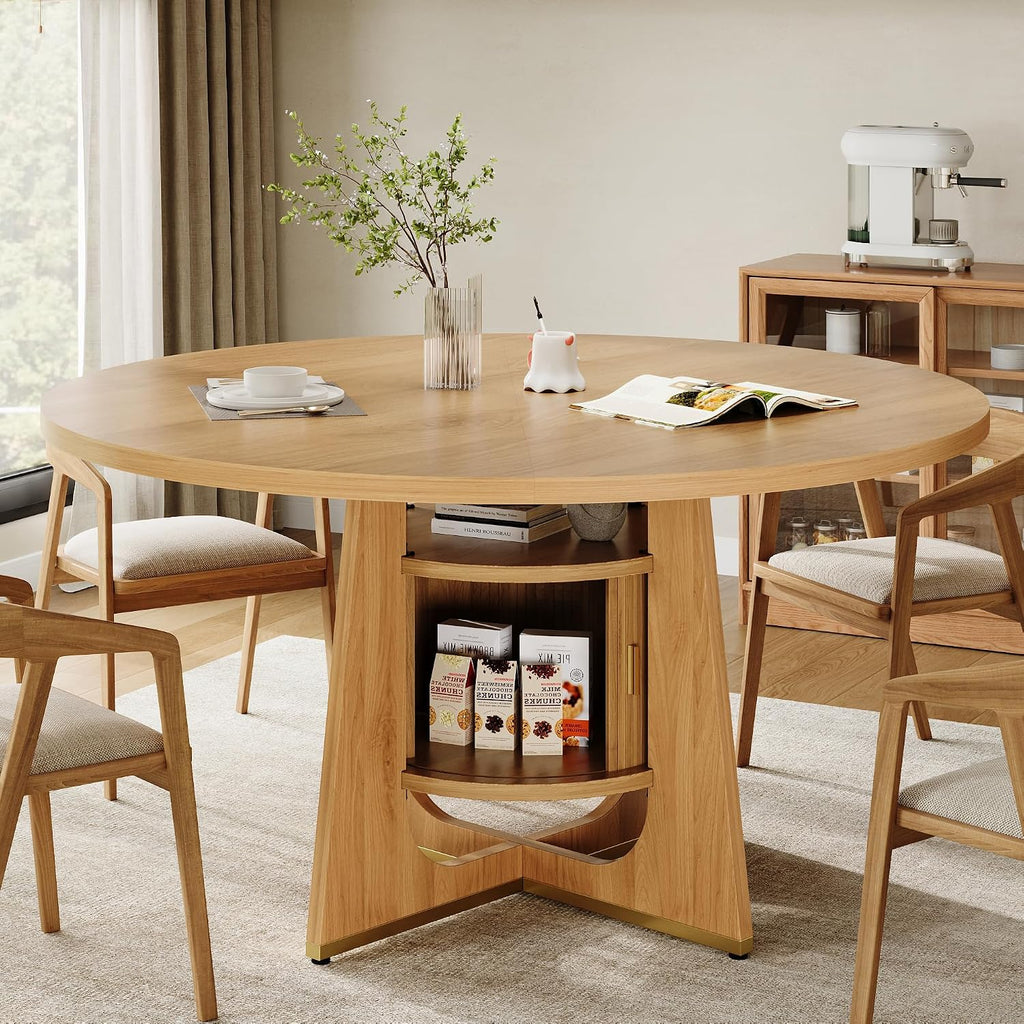 IRONCK 47 Inch Round Dining Table for 4-6 People with Built-in Storage Cabinet, Mid-Century Modern Kitchen Table for Dining Room, Kitchen, Living Room (Natural Wood)
