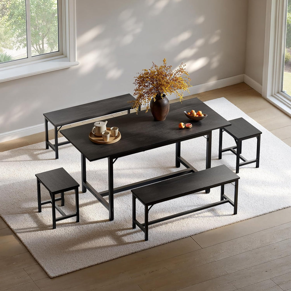 Tatub 5-Piece Dining Table Set for 4-8, 63' Extendable Dining Room Table with 2 Benches and 2 Square Stools, Space Saving Rectangle Kitchen Table Set for Breakfast Nook and Small Space, Black