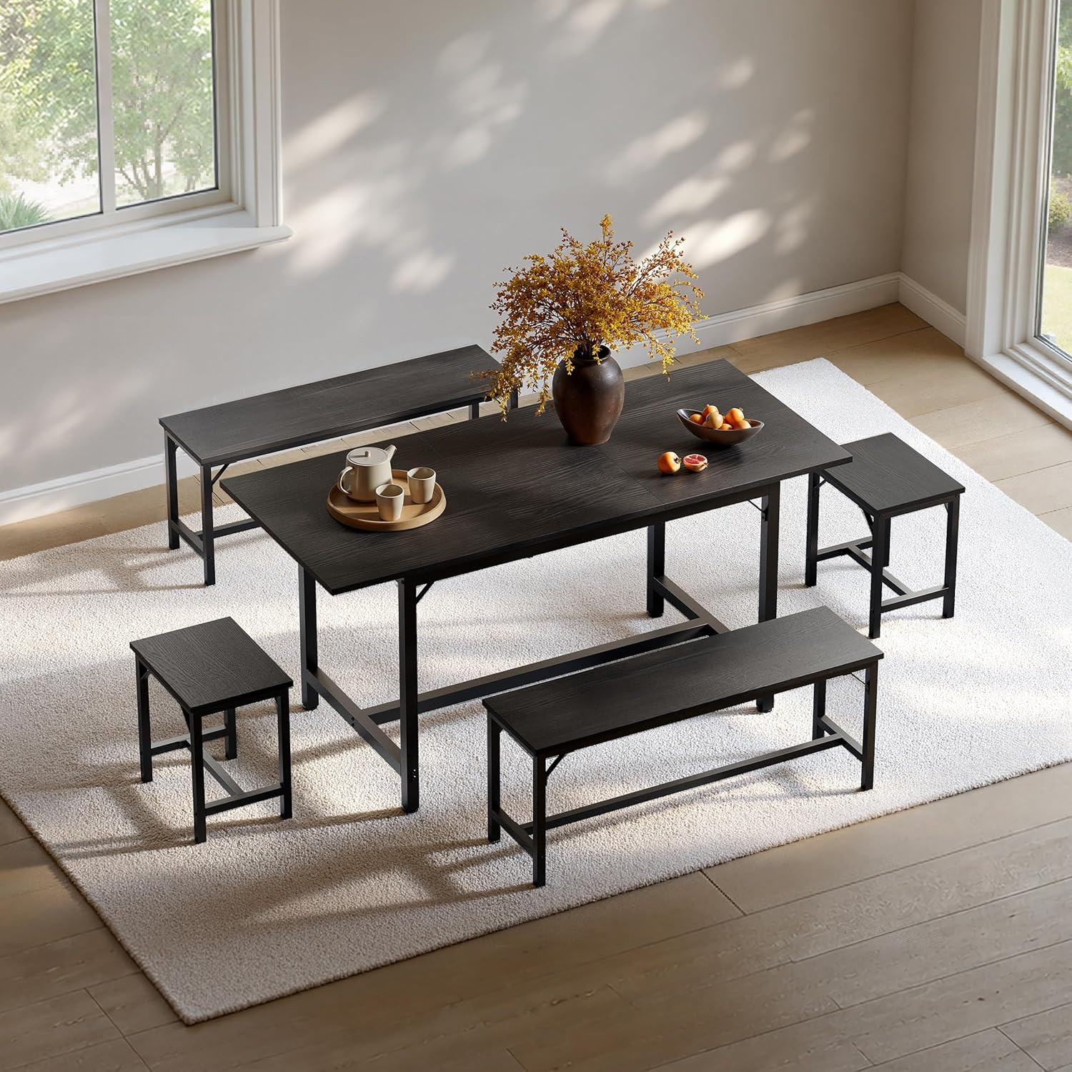 Tatub 5-Piece Dining Table Set for 4-8, 63' Extendable Dining Room Table with 2 Benches and 2 Square Stools, Space Saving Rectangle Kitchen Table Set for Breakfast Nook and Small Space, Black