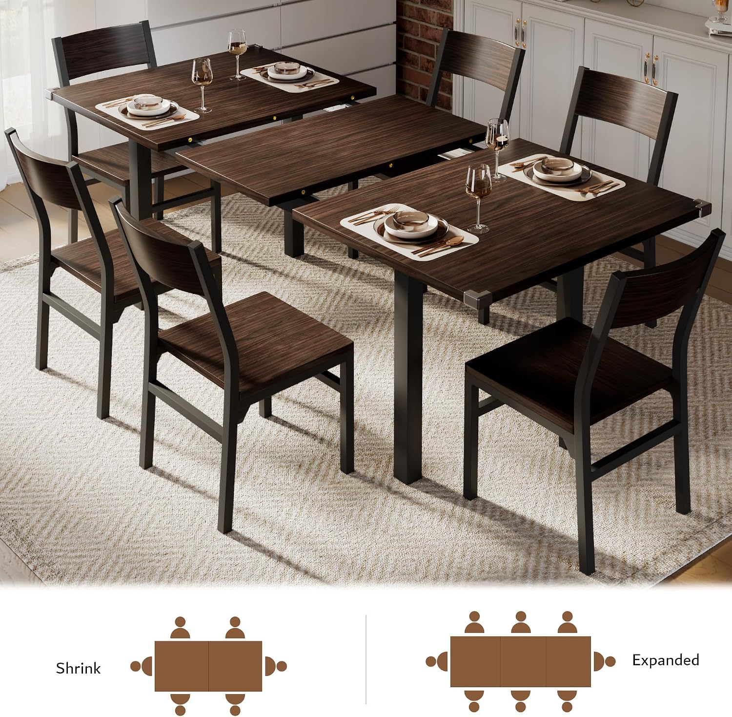 iPormis 7 Pieces Dining Table & Chairs Set for 4-6, 63' Extendable Kitchen Table and 6 Chairs, Dining Room Table with MDF Board & Metal Frame, Perfect for Small Space, Easy Clean, Espresso