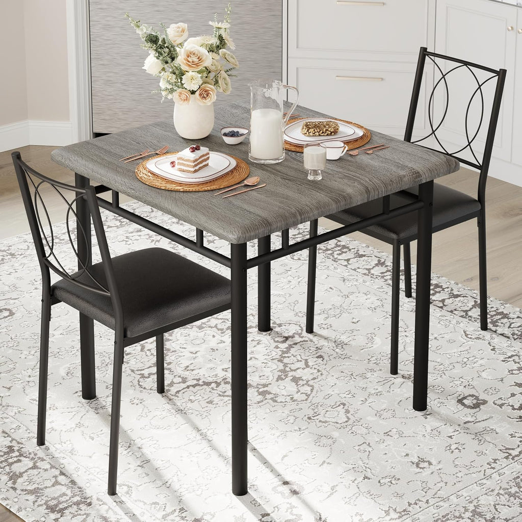 Garvee Dining Table Set for 2, Small Kitchen Table with Upholstered Chairs, Farmhouse Wood Dining Table Chairs for Kitchen Room, Small Spaces, Apartment, Grey