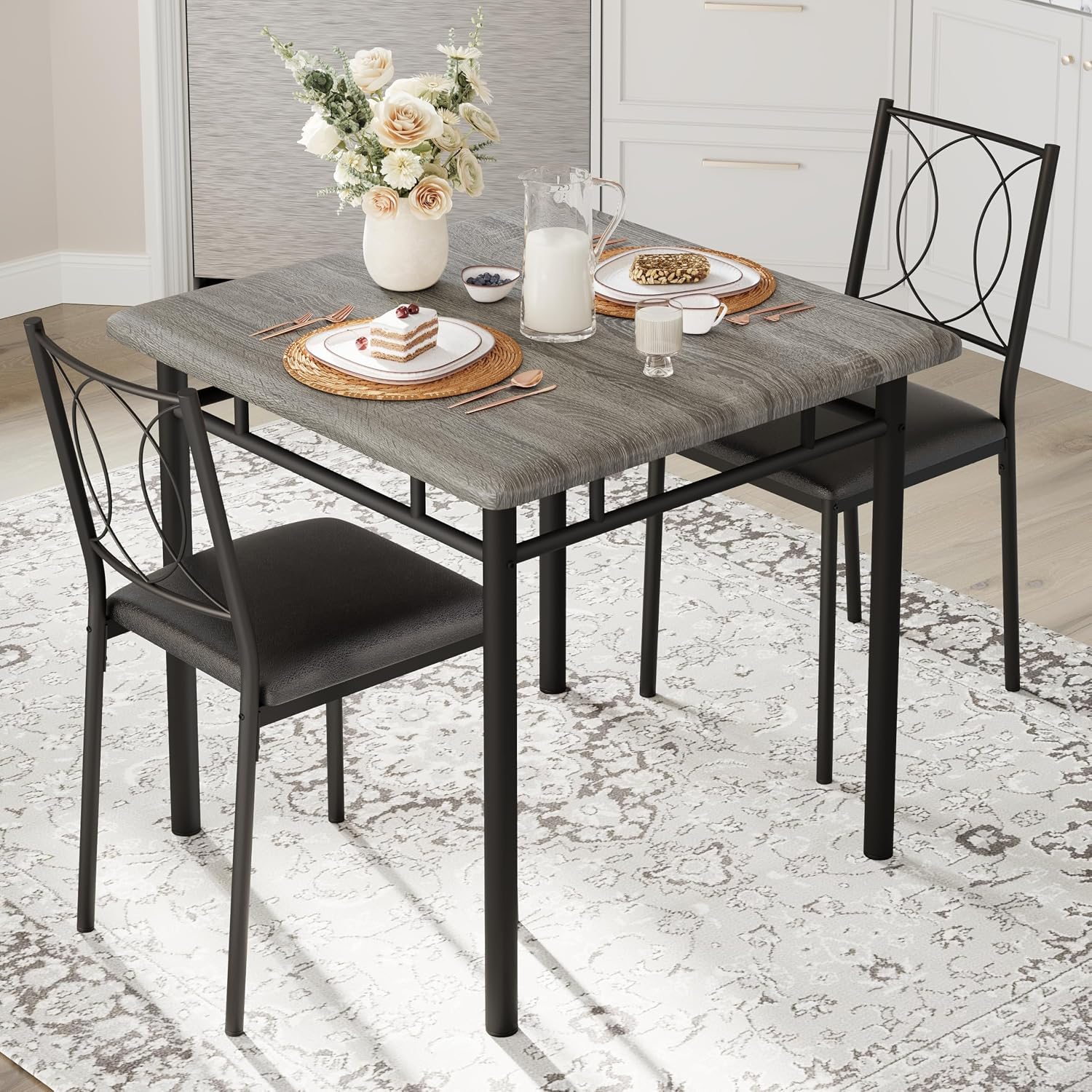 Garvee Dining Table Set for 2, Small Kitchen Table with Upholstered Chairs, Farmhouse Wood Dining Table Chairs for Kitchen Room, Small Spaces, Apartment, Grey