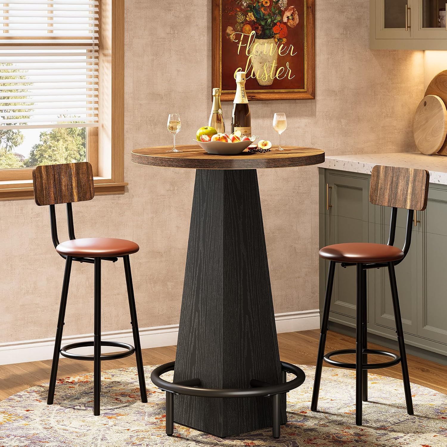 Tribesigns Bar Table, 37.4' High Round Pub Table for Small Bars, Dining Room, Kitchen, Brown and Black (Only Table)