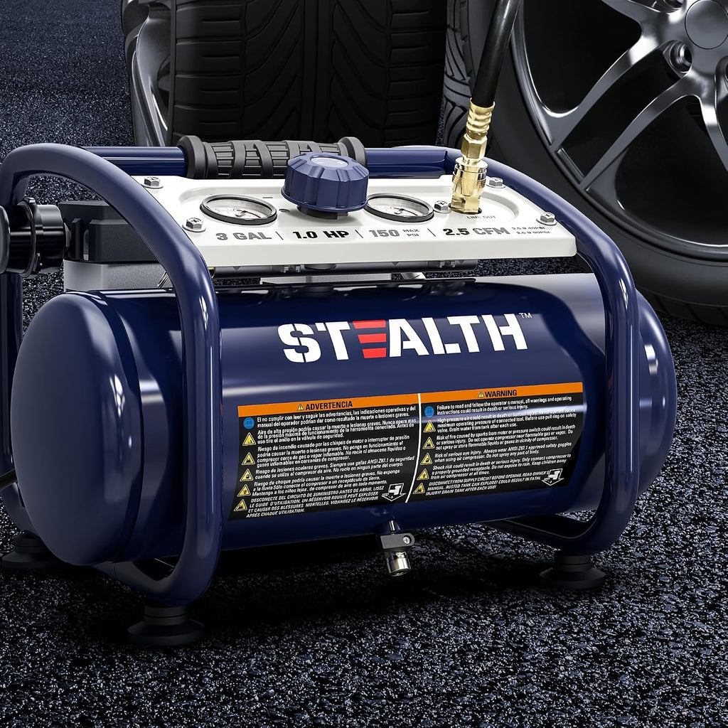 STEALTH Air Compressor 3 Gallon, Quiet Air Compressor, Oil-Free Air Tool, for Tire Inflator, Auto Repair, Woodwork Nailing (SAQ-1301)