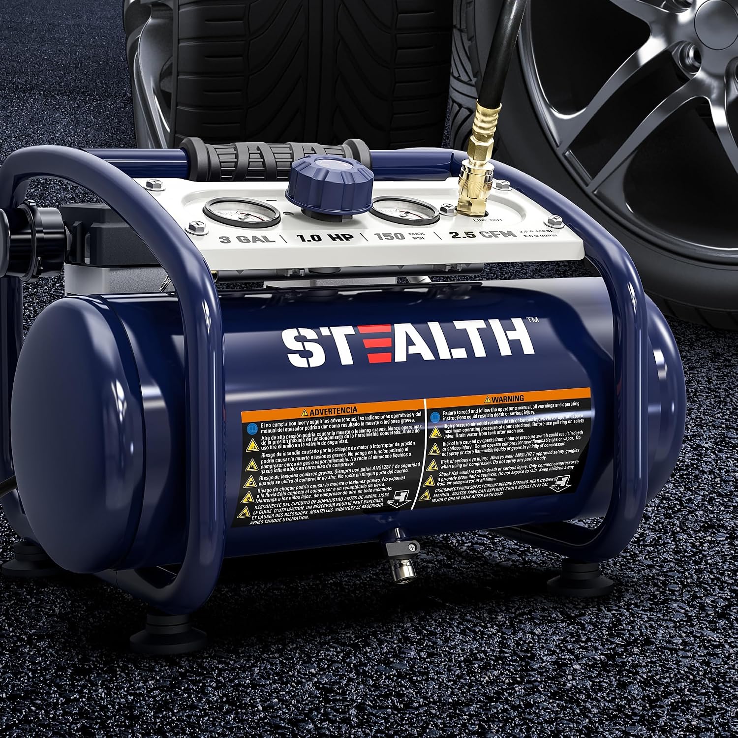 STEALTH Air Compressor 3 Gallon, Quiet Air Compressor, Oil-Free Air Tool, for Tire Inflator, Auto Repair, Woodwork Nailing (SAQ-1301)