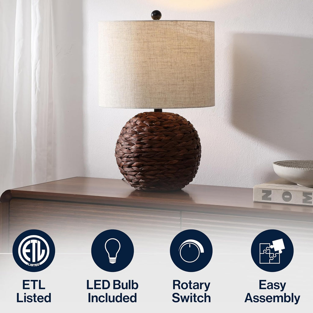 JONATHAN Y 21.5' Dark Brown Modern Coastal Woven Rattan Globe LED Table Lamp for Bedroom, Oatmeal Linen Drum Shade, LED Bulb Included, Rustic Bedside Lamp for Living Room (JYL6514B)