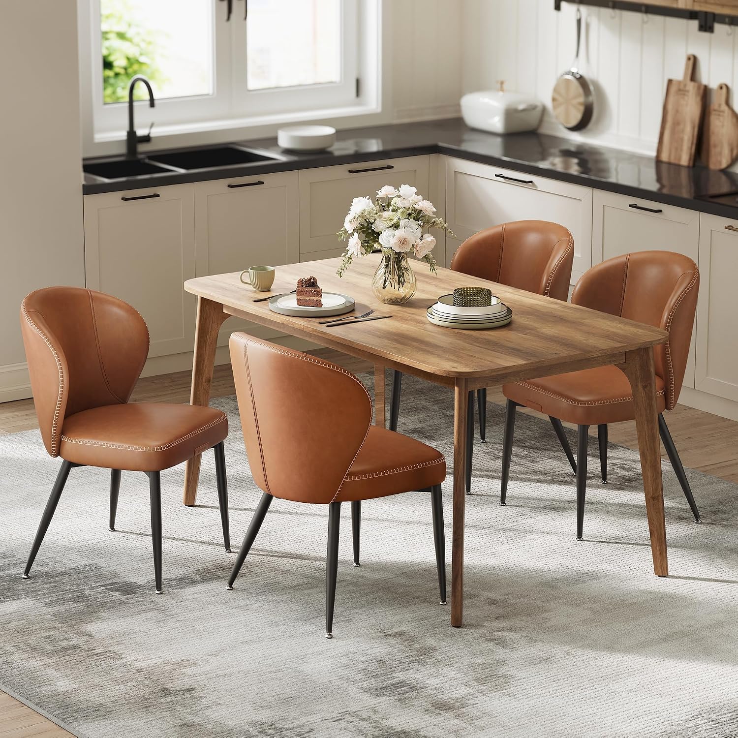 VASAGLE EKHO Collection - Dining Chairs Set of 4, Upholstered Kitchen Chairs, Comfortable Seat, Synthetic Leather with Stitching, Mid-Century Modern, Easy Assembly, Living Room Lounge, Caramel Brown
