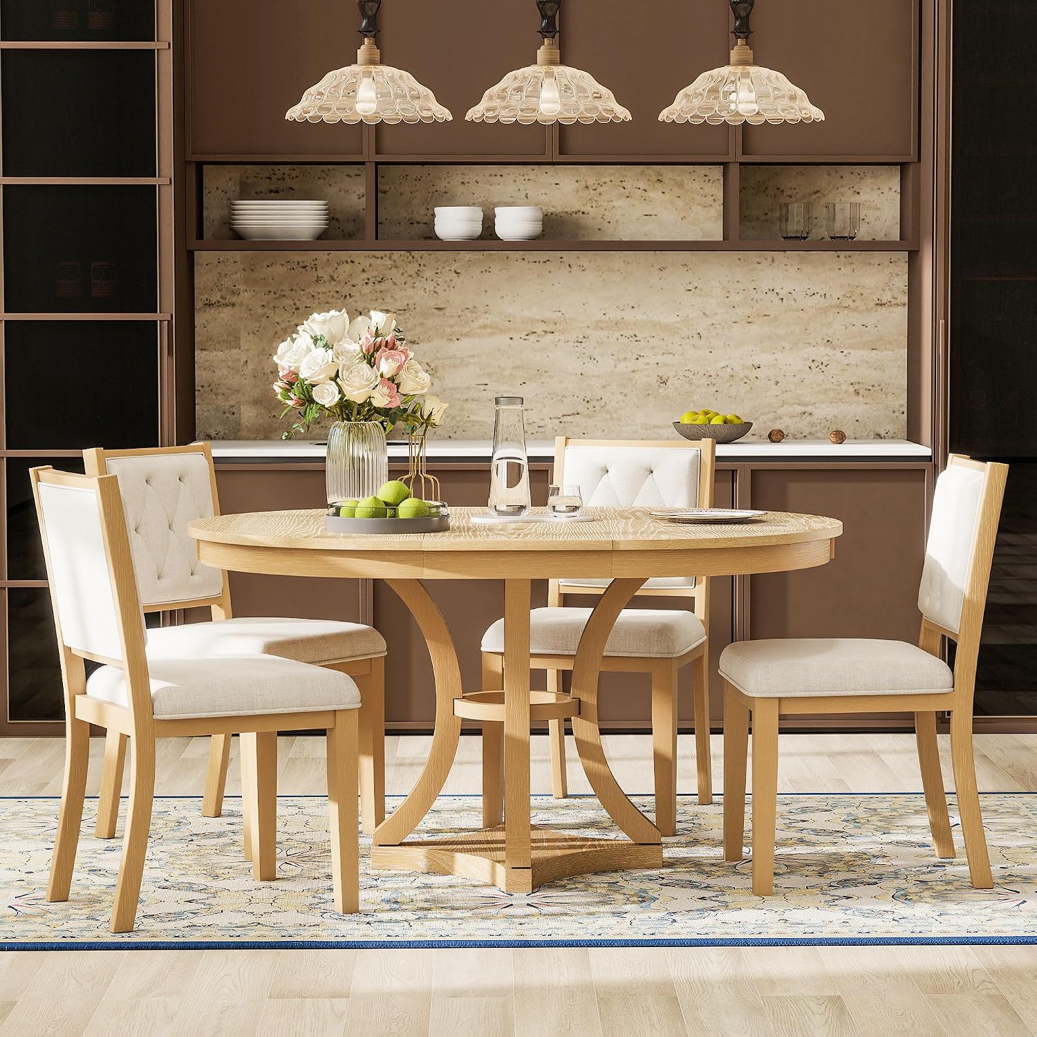Bellemave Extendable Dining Table Set for 4, 5-Piece Retro Round Table Set with 4 Upholstered Chairs, Round Table with a 16' W Leaf, Oval Kitchen Table Set with Extendable Table (Natural)
