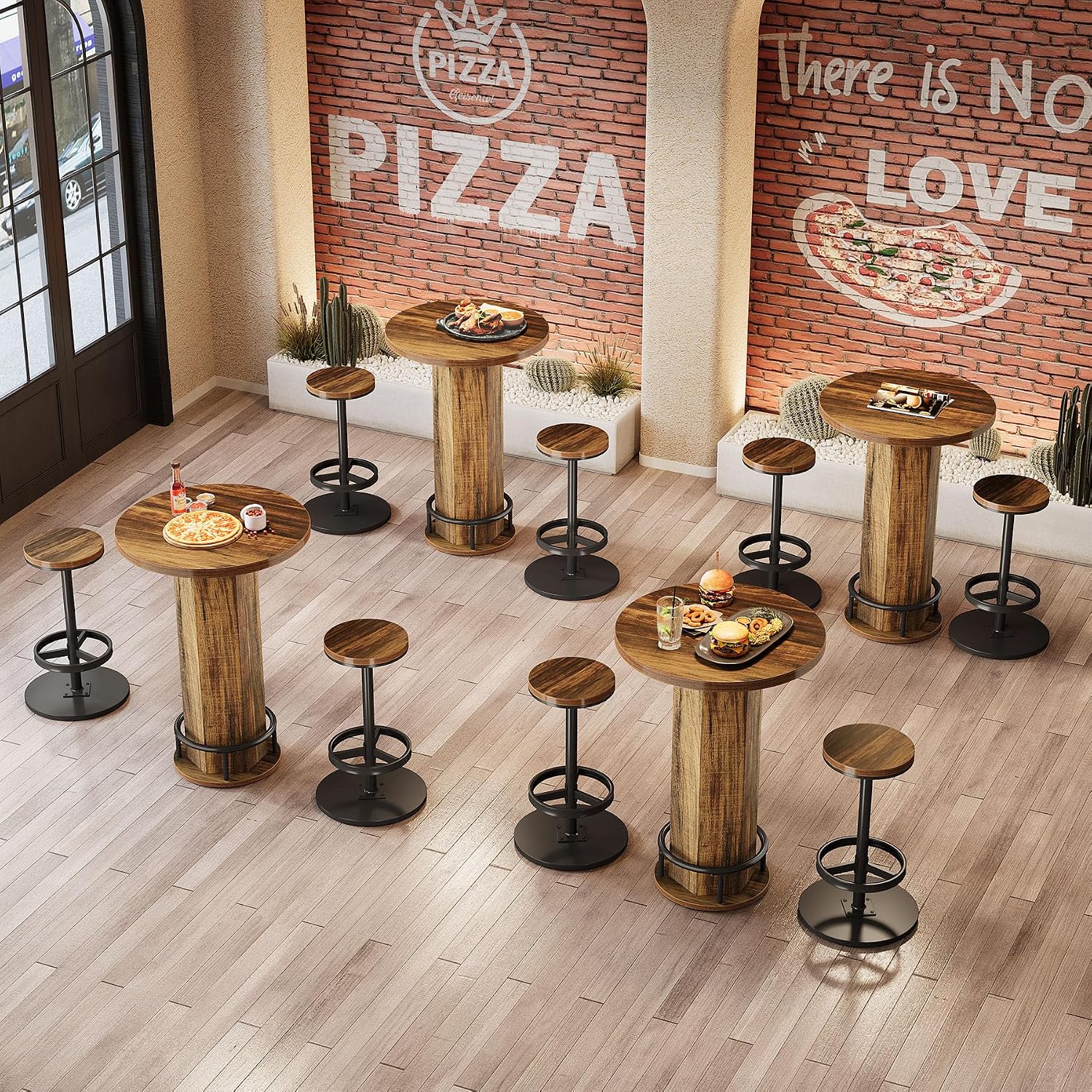 Tribesigns Round Bar Table Set of 2, Industrial Bistro Sets with 2 barstools, Pub Cocktail Table with Metal Ring Footrest for Kitchen Nook, Apartment, Small Space