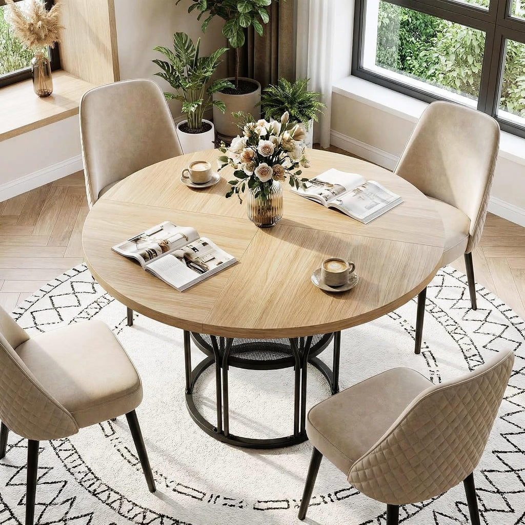 Garvee Round Dinning Table for 4-6 - 47' Circle Dinner Table with Storage Shelf & Sturdy Metal Frame, Modern Breakfast Tea Desk for Kitchen, Living Room, Apartment, Office, Natural